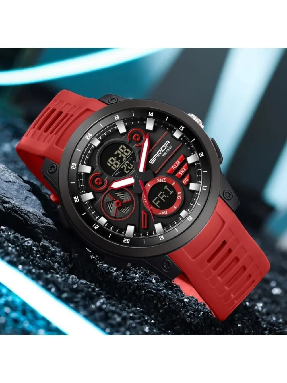 Men's Red Analog Quartz Stainless Steel Military Electronic LED Digital Watch